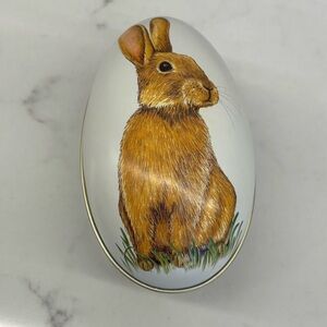 Decorative Pull Apart White Easter Egg Tin Featuring Brown Bunny Rabbit